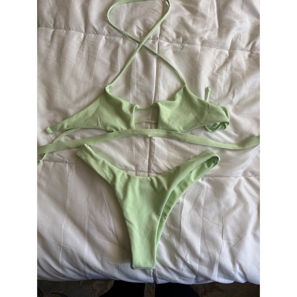 Zaful Lime Green Ribbed Triangle Bikini Set Size 8